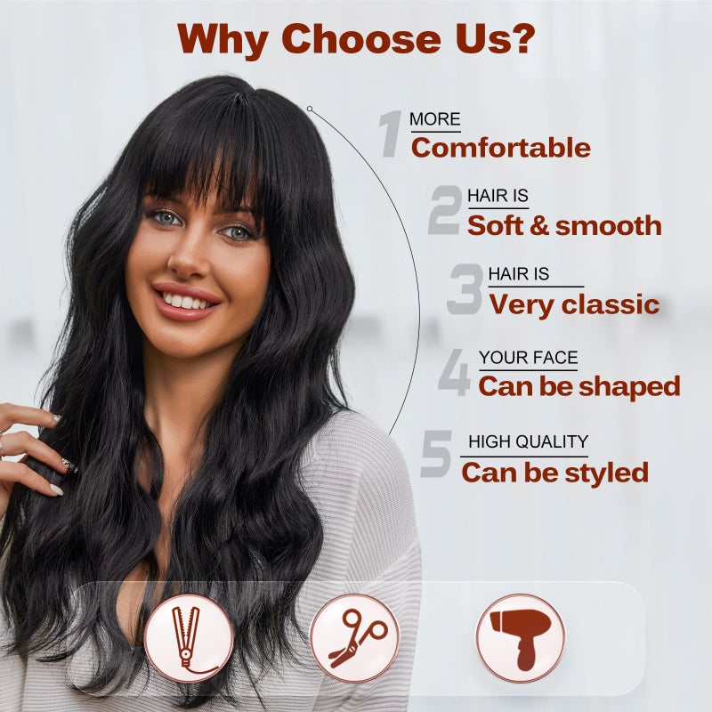 EMMOR Black Wigs for Women Long Curly Wigs With Bangs Water Wavy Synthetic Wig, Party Cosplay Daily Use - Image 2
